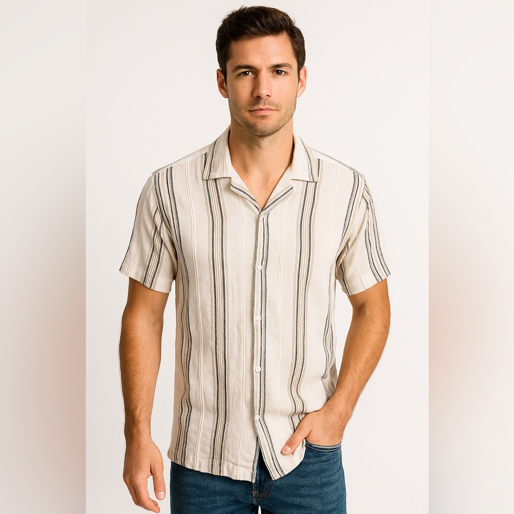 Zara Cotton Vertical Stripe Short Sleever Button Down